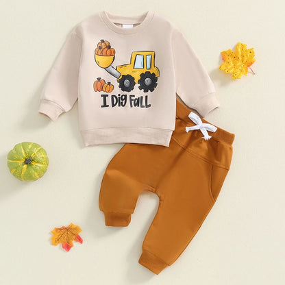 2-piece Sets! Boy's *I Dig Fall* Pumpkin Excavator Sweatshirt & Sweatpants