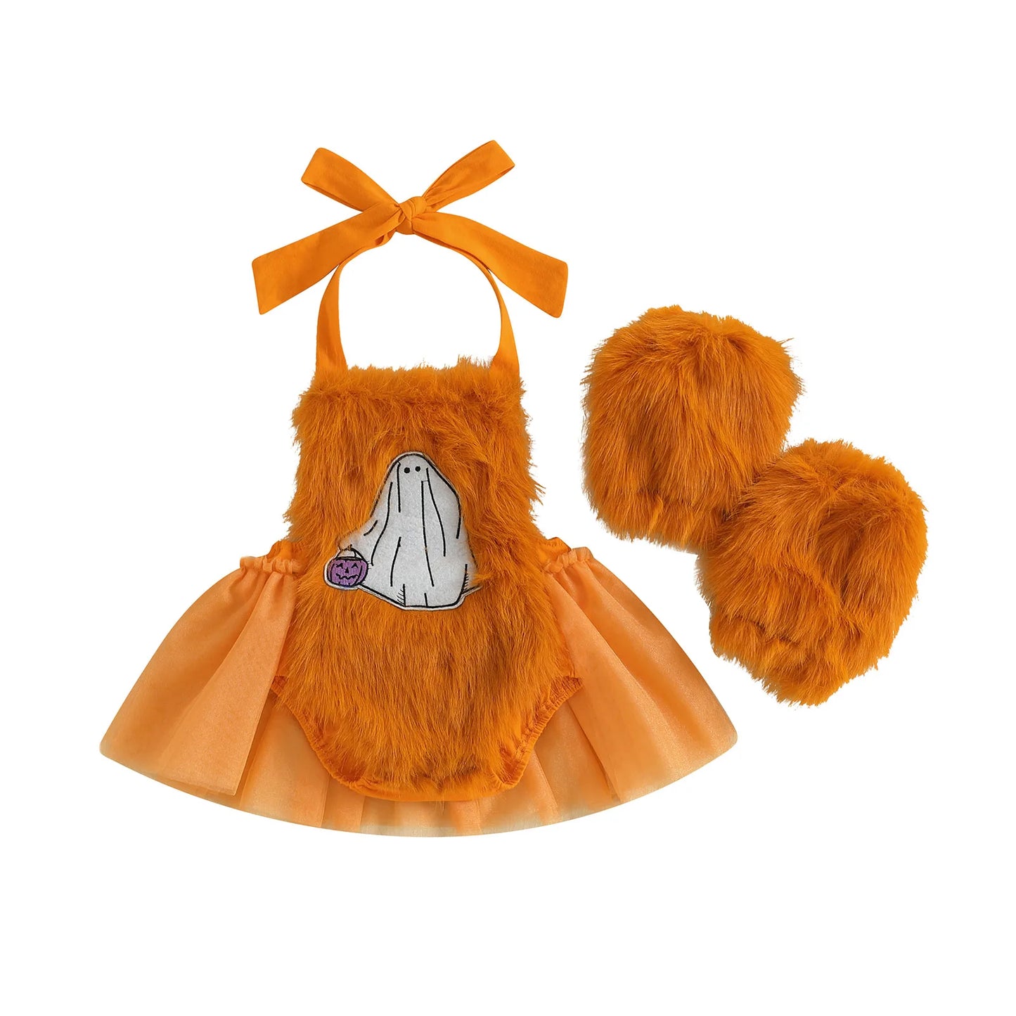 2-Piece Baby Girl's Furry Ghost Embroidered Halloween Halter Dresses with Leg Warmers