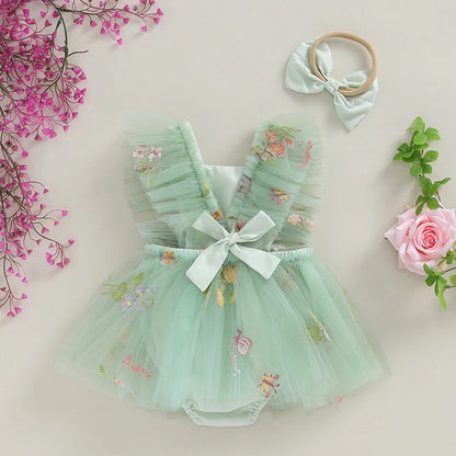 2-Piece Outfits! Girl's Sleeveless Embroidered Floral Tulle Overall Dress & Headband Sets