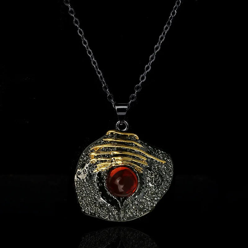 Necklace Black & Gold Style Pendant Red Gem Chain