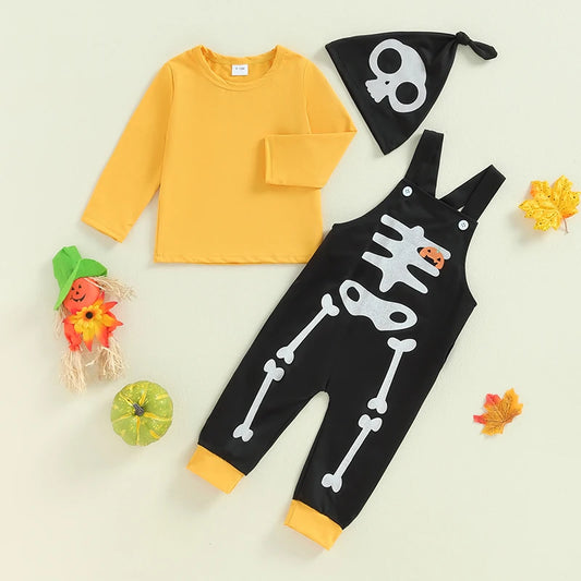 3-Piece Halloween Outfits! Boy’s Long Sleeve Skeleton Tops, Overalls & Hat Sets