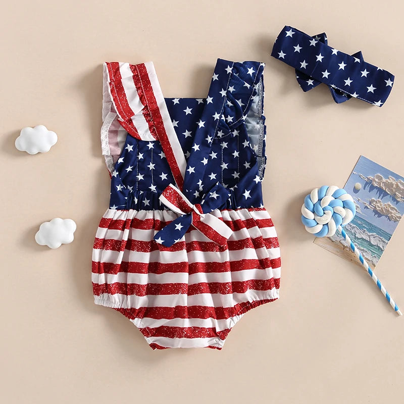 Girl's 2-Piece 4th of July Rompers & Bow Head Band Sets