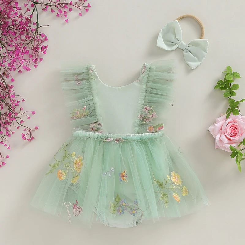 2-Piece Outfits! Girl's Sleeveless Embroidered Floral Tulle Overall Dress & Headband Sets