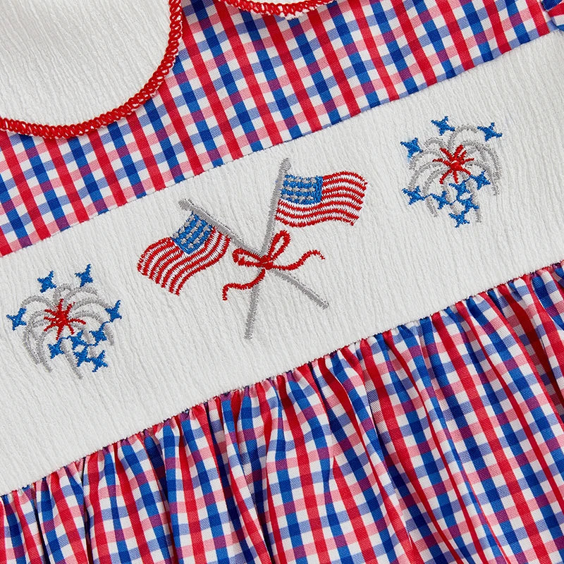 Girl's Embroidered 4th of July Plaid Doll Collar Rompers