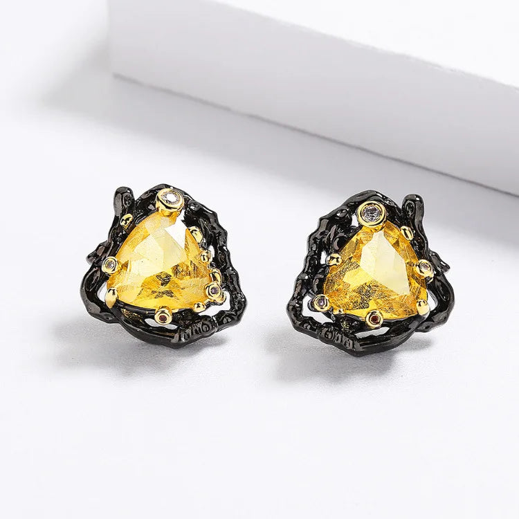 3-Piece Yellow Zircon Black & Gold Style Rings, Necklace & Earrings Sets