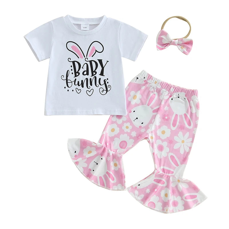 Girl's Easter Bunny T-Shirt, Flare Pants & Headband Sets