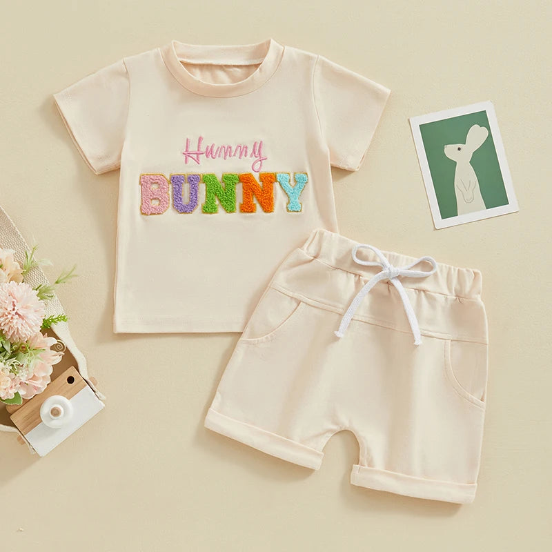 Boy's & Girl's Easter Bunny Embroidered T-Shirt & Shorts Set