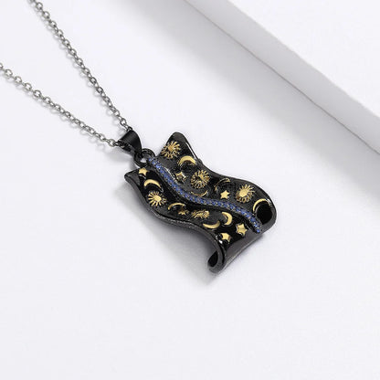 Pendant Carved Star Moon Necklace with Blue Zircon Black & Gold Style