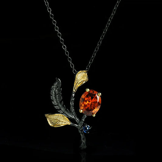 Black & Gold Style Leaf Necklaces Chain Red Zircon Pendant