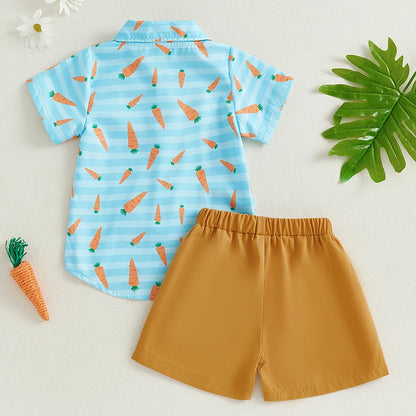 Boy's 2-Piece Easter Bunny/Carrot Button-Up Polos & Shorts Sets