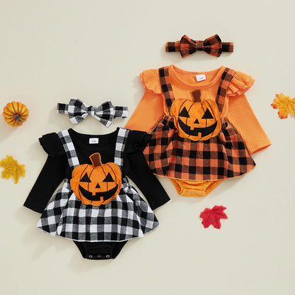 2-Piece Halloween Outfits! Girl’s Long Sleeve Embroidered Pumpkin Rompers, Dress & Headband Sets