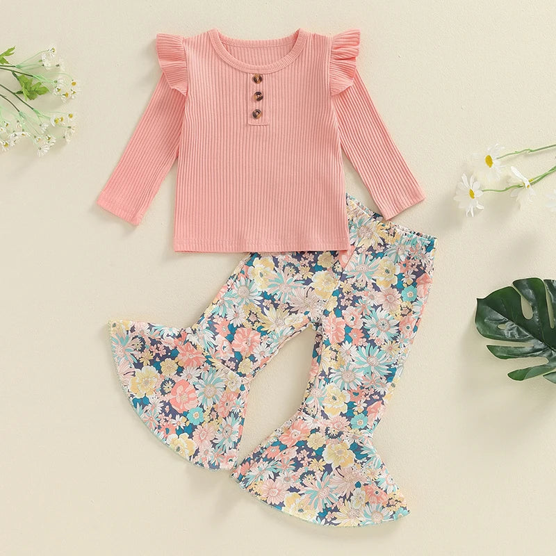 2-Piece Fall Outfits! Girl’s Floral Long Sleeve Top & Pants Sets