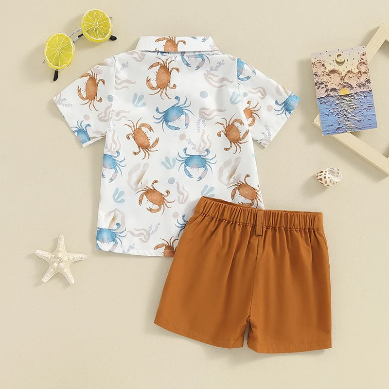 2-Piece Outfits! Boy's Rabbit & Ocean Print Button-Up Bow-Tie Collar Shirts  & Shorts Sets