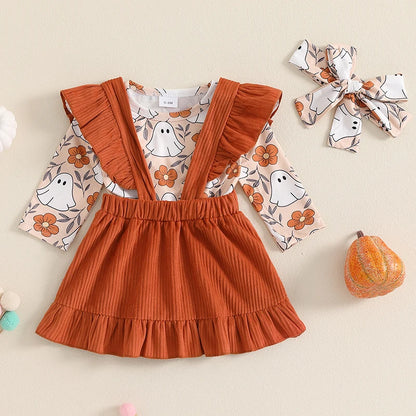 3-Piece Halloween Outfits! Girl’s Long Sleeve Ghost Rompers, Bibs, Skirt, overalls & Headband Sets