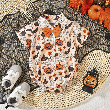 Ghost Pumpkin Halloween Onesies! Boy's Short Sleeve Button-Up with Bow-Tie Collar