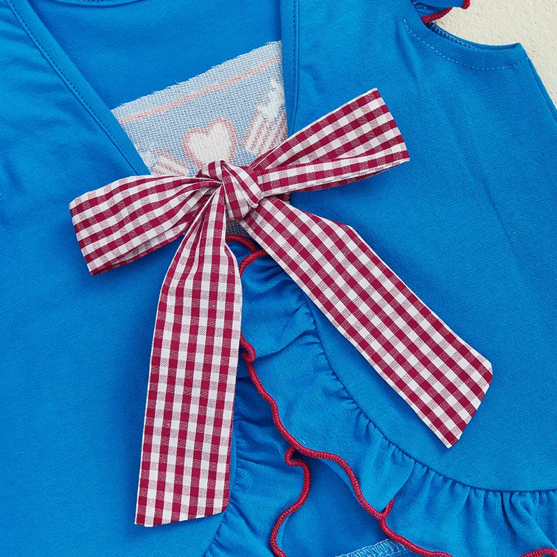 Girl's 2-Piece Embroidered 4th of July Fly Sleeve Tops & Plaid Ruffled Shorts Sets