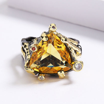 Triangle Citrine Zircon Black & Gold Style Ring