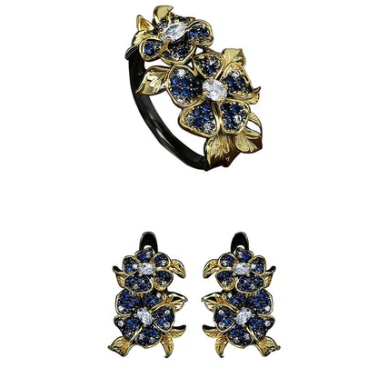 2-Piece Black & Gold Style Zircon Flower Ring & Earrings Sets