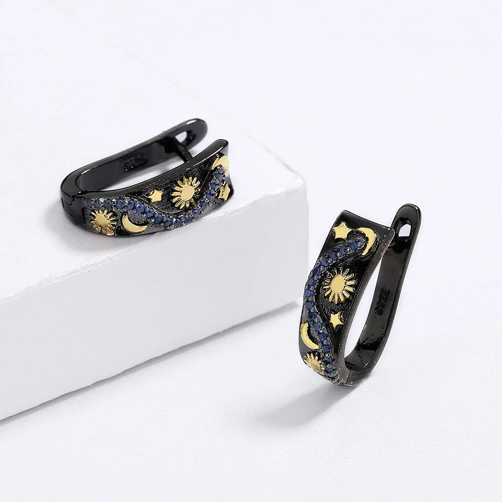 Star Moon Black & Gold Style Flower Earrings