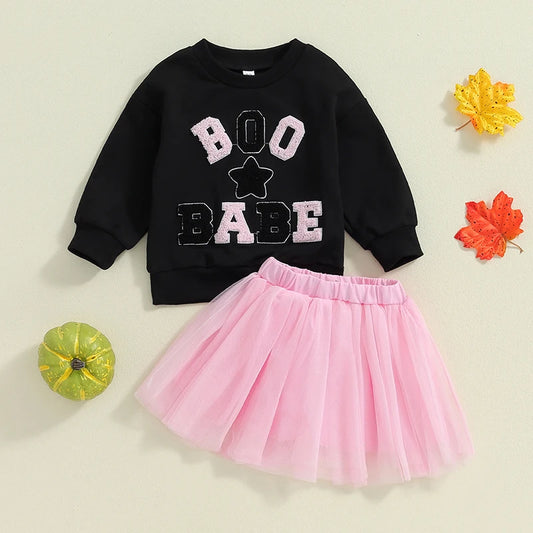 Girl's Halloween 2-Piece "Boo Babe" Embroidered Sweatshirt & Tulle Skirt Sets