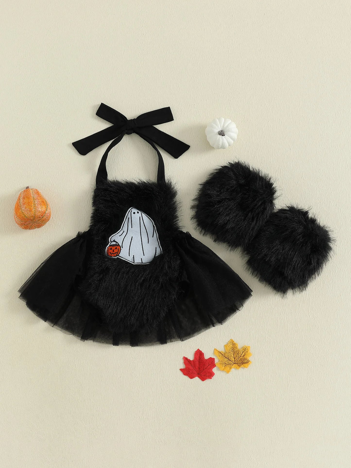 2-Piece Baby Girl's Furry Ghost Embroidered Halloween Halter Dresses with Leg Warmers