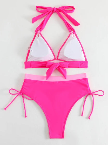 Pink Patchwork Bikini Set Halter Push UP Swimsuit High Waist SwimwearBackless Beach Bathing Suit