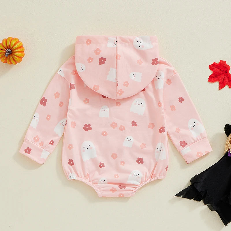 Halloween Onesies! Girl’s Long Sleeve Ghost Flower Hooded Onesies