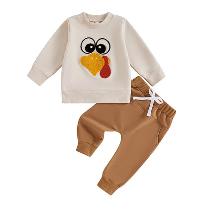 2-piece Thanksgiving Sets! Embroidered Turkey Boy's & Girl's Fall Sweatshirts & Sweatpants Outfits