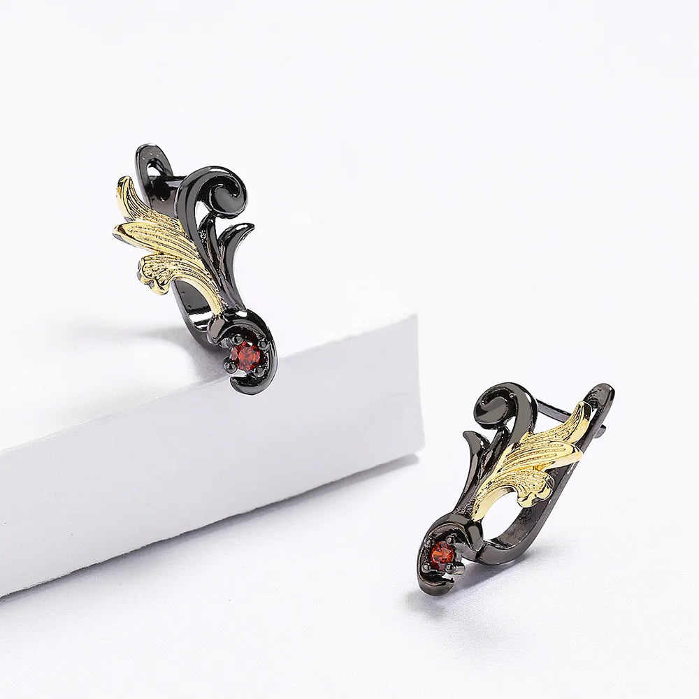 Black & Gold Style Red Zircon Leaf Earrings