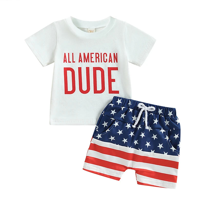 Boy's 2-Piece "All American Dude" 4th of July T-Shirts & Flag Shorts Sets