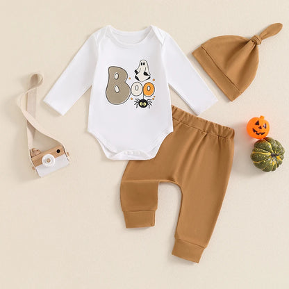 3-Piece Halloween Outfits! Boy’s Long Sleeve Ghost Rompers, Pants & Hat Sets