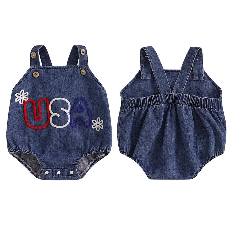 Girl's Embroidered USA 4th of July Overall Rompers