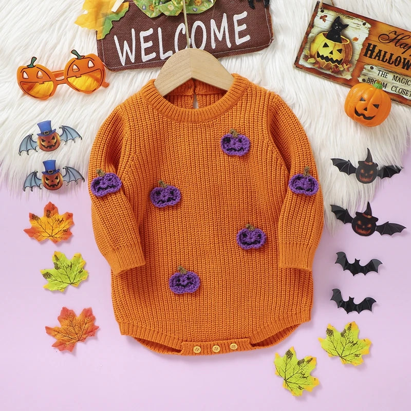 Halloween Outfits! Girl's & Boy's Embroidered Pumpkin Knit Sweater Onesie