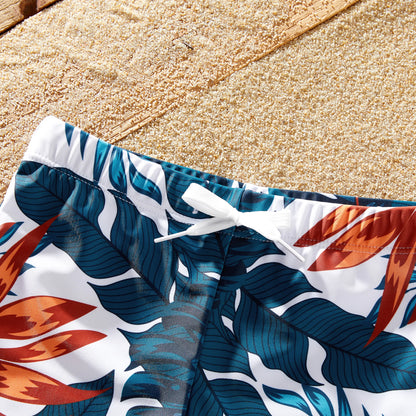 Family Matching! Swimsuits Tropical Leaf Pattern Drawstring Swim Trunks or Cross Strap Flowy Tankini