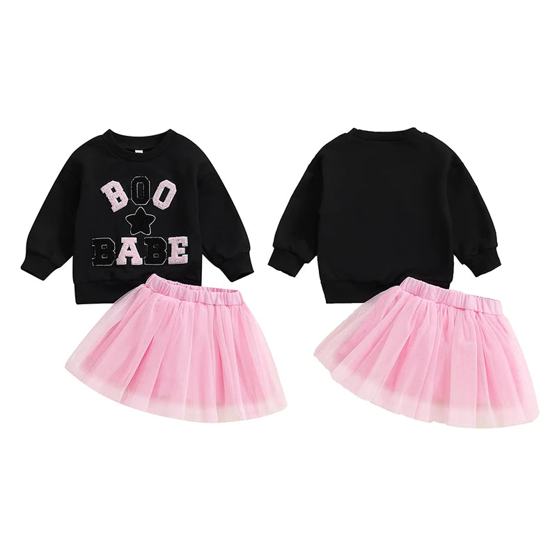 Girl's Halloween 2-Piece "Boo Babe" Embroidered Sweatshirt & Tulle Skirt Sets