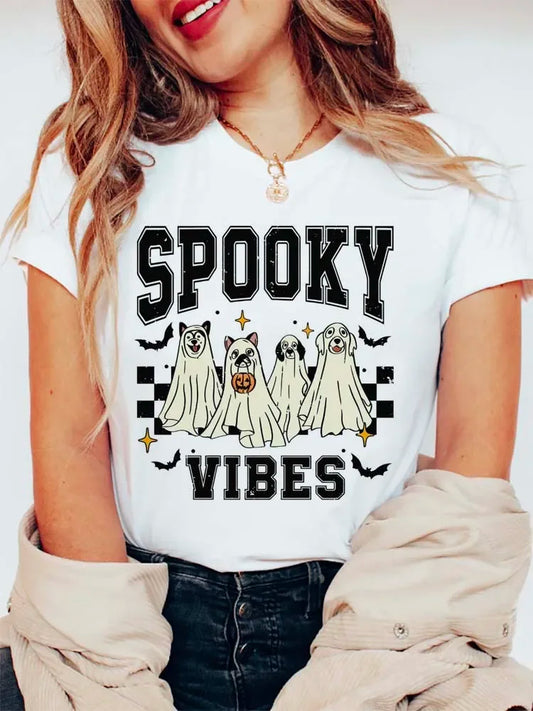 Halloween Tees! Womens Spooky Vibes Ghost Print T-Shirts