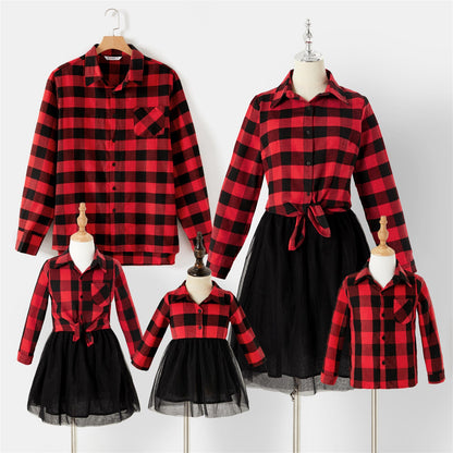 Family Matching! Red Plaid Long-Sleeve Button-Up Tops & Dresses with Mesh Skirts