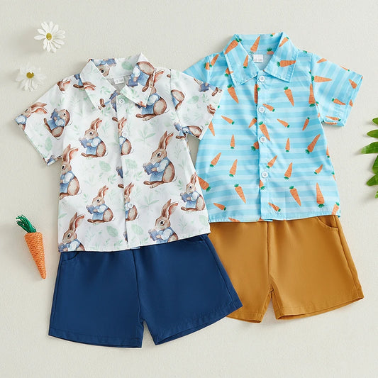 Boy's 2-Piece Easter Bunny/Carrot Button-Up Polos & Shorts Sets