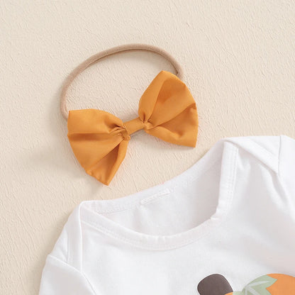 3-Piece Halloween Outfits! Girl’s Long Sleeve Pumpkin Rompers, Skirt& Bow Headband Sets