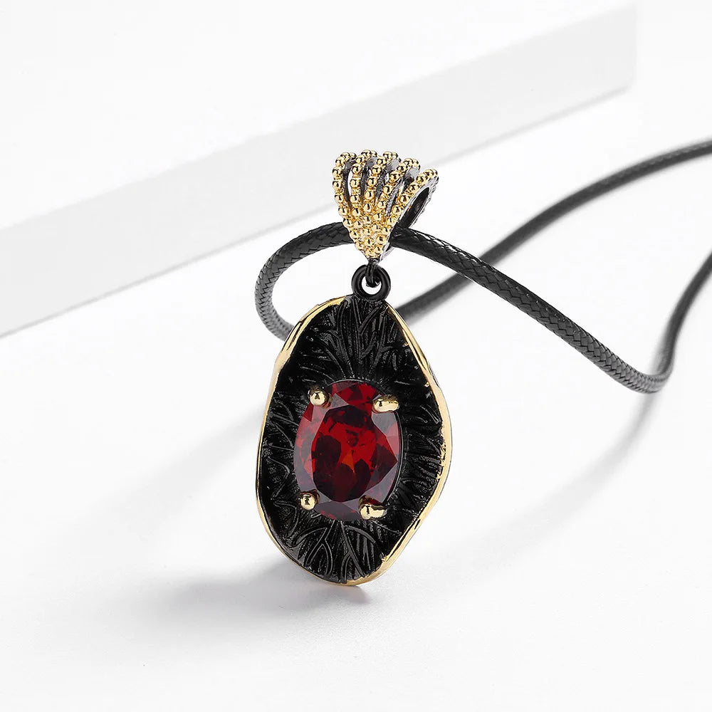 Red Zircon Pendant Black & Gold Style Oval Necklaces