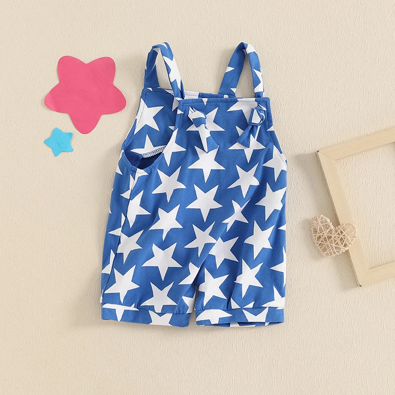 Girl's Star Print 4th of July Overall Rompers