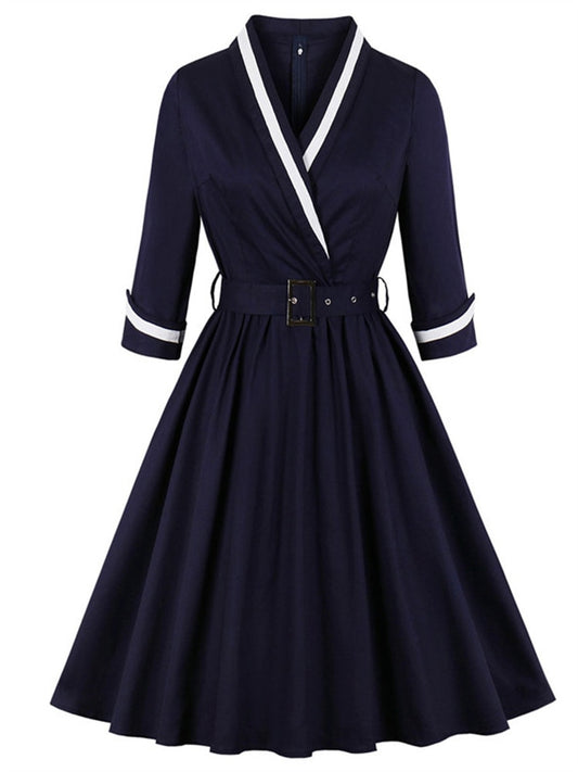 Navy Blue / White Stripe Pleated Dress 3/4 Sleeves