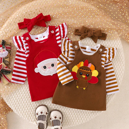 3-Piece Christmas Outfits! Girl’s Embroidered Onesies, Overall Dresses & Bow Headband Sets