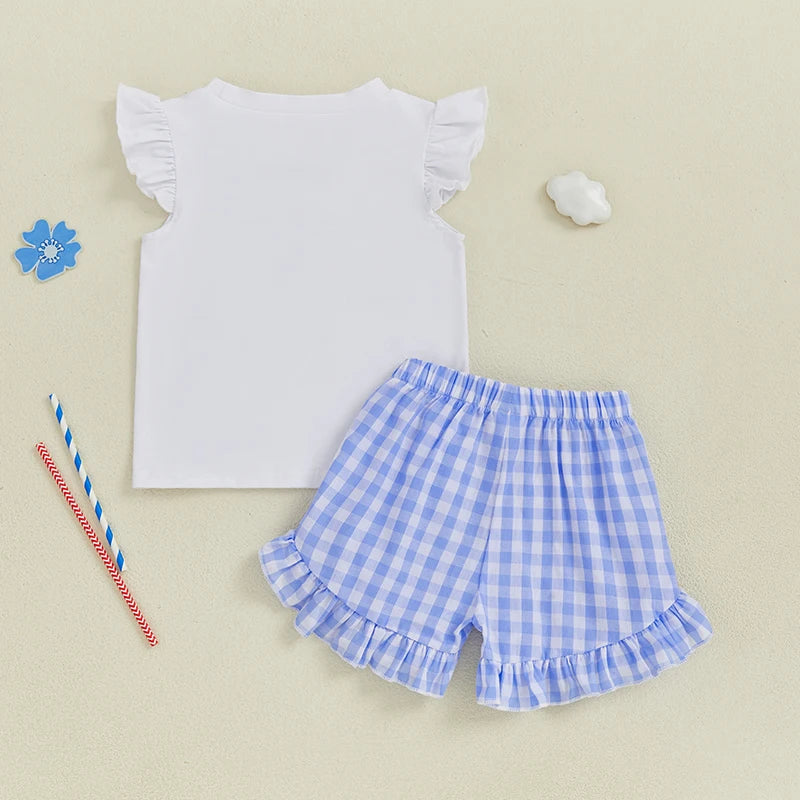 Girl's 2-Piece Embroidered 4th of July Fly Sleeve Golf Cart Top & Ruffled Plaid Shorts Sets