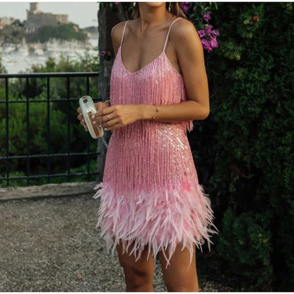 Womens Flirty Feather Mini Party Dress