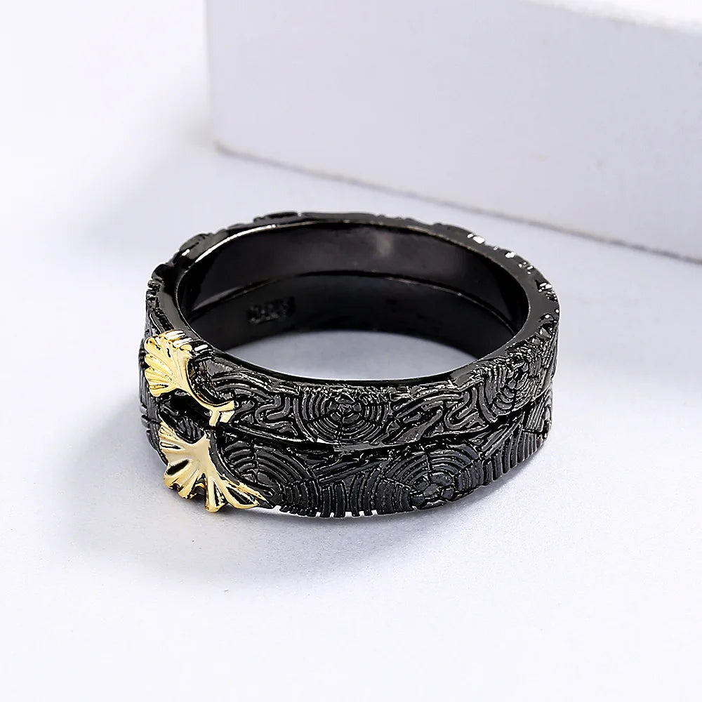 2-Piece Vintage Black & Gold Style Leaf Rings