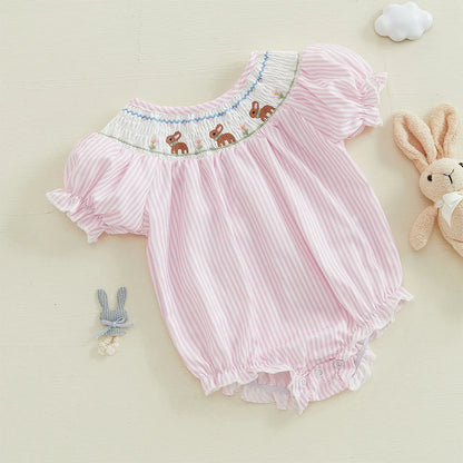 Girl's Embroidered Easter Bunny Stripe Rompers