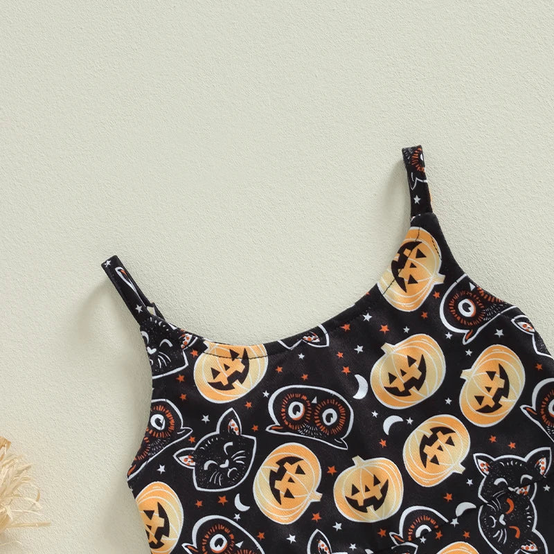 Halloween Rompers! Girl's Sleeveless Bib Romper, Pumpkin, Cats, Cauldron Print