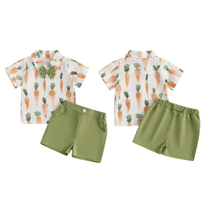 Boy's Easter Carrot Button-up Bow Tie Shirt & Shorts