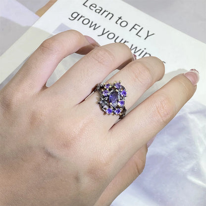 Purple Zircon Black & Gold Style Flower Rings